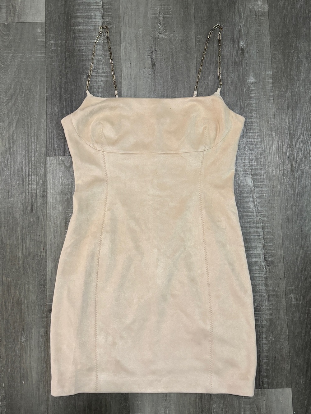 Guess Faux Suede Beige Chain-Strap Mini Dress